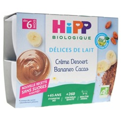 HiPP D?lices de Lait Cr?me Dessert Bananes Cacao d?s 6 Mois Bio 4 Pots