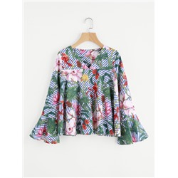 Модная блуза с цветочным принтом и V-образным вырезом, рукав клёш