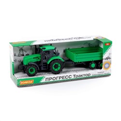 323020 Полесье Трактор "Прогресс" с бортовым прицепом инерционный (зелёный) (в коробке)