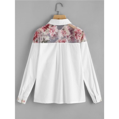Модная блуза с цветочным принтом и сетчатой вставкой