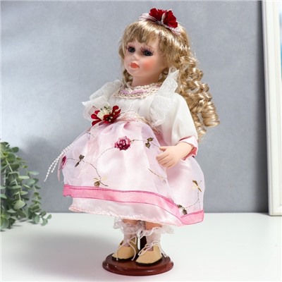 Кукла коллекционная керамика "Агата в бело-розовом платье и с цветами в волосах" 30 см
