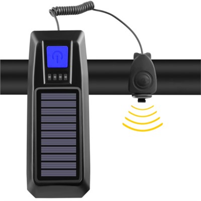 Фонарь передний COMIRON "SUN2" корпус ABS IPX4 свет T6, 350lm; аккум 2000 mAh USB сигнал 120Дб влагозащищённый подзарядка от солнца синий /уп 30/120/