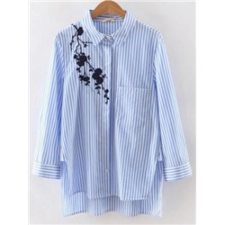Синяя полосатая асимметричная блуза с вышивкой