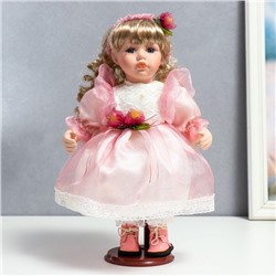 Кукла коллекционная керамика "Флора в бело-розовом платье и лентой на голове" 30 см