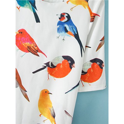 Белая половина рукава птиц шаблон Случайные Сыпучие платье