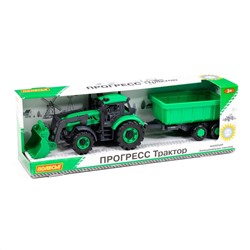 323118 Полесье Трактор "Прогресс" с прицепом и ковшом инерционный (зелёный) (в коробке)