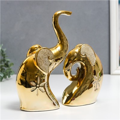 Сувенир керамика "Золотые слоны - роспись цветы" набор 2 шт 14,5х6х12 см 22х6,5х12,5 см