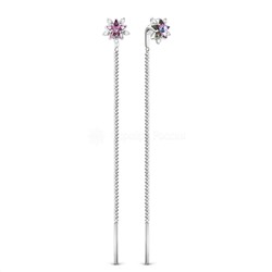 Серьги-продёвки длинные из серебра с кристаллами премиум Австрия цв. мистик розовый родированные