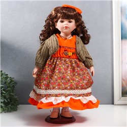 Кукла коллекционная керамика "Вера в платье с мелкими цветами и горчичном джемпере" 40 см