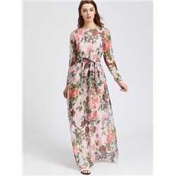 Модное шифоновое платье с поясом и цветочным принтом