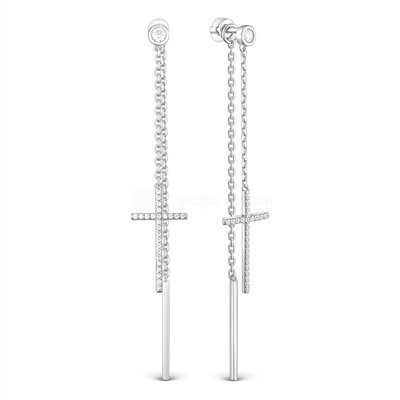 Серьги-пусеты гвоздики кресты из серебра с фианитами родированные (2 в 1)