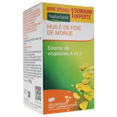 Naturland Huile de Foie de Morue 220 Capsules dont 28 Capsules Offertes