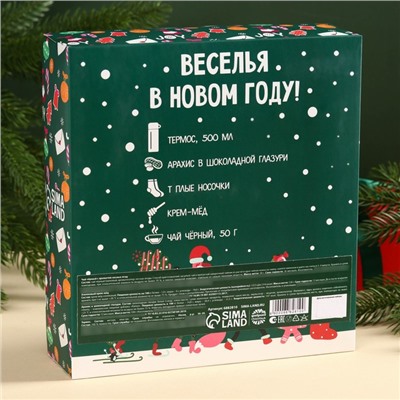 Набор «Веселья в новом году»: чай со вкусом лесных ягод 50 г., крем-мед хлопковый 120 г., арахис в шоколадной глазури, 100 г., носки р-р: 36–39, термос 500 мл.