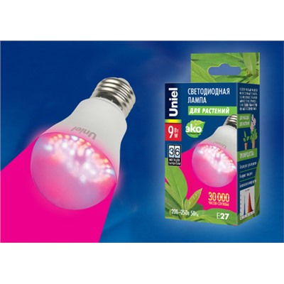 LED-A60-9W/SP/E27/CL ALM01WH Лампа светодиодная для растений. Форма "A", прозрачная колба. Материал корпуса пластик. Упаковка картон.