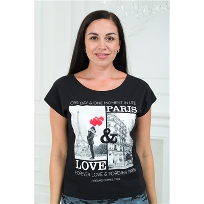 Футболка женская со спущенным плечом из кулирки Лира черный с принтом Paris