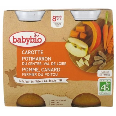 Babybio Carotte Potimarron Pomme Canard 8 Mois et + Bio 2 Pots de 200 g