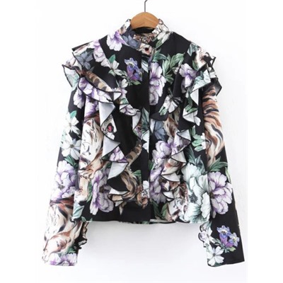 Многоцветная модная блуза со сборкой и цветочным принтом