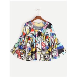 Многоцветная модная блуза с графическим принтом и V-образным вырезом, рукав клёш