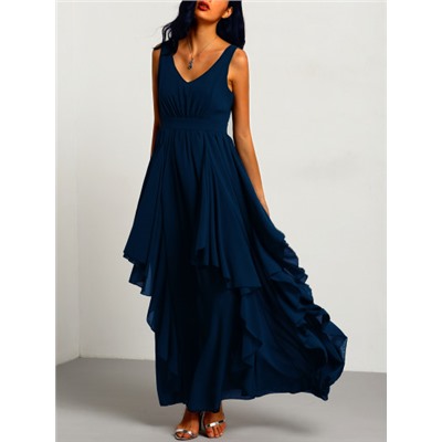Тёмно-синее шифоновое платье с оборками
