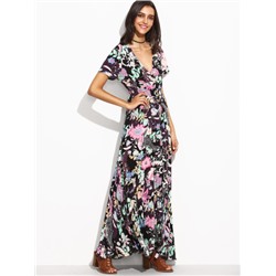 Модное длинное платье с цветочным принтом с глубоким вырезом