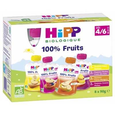 HiPP 100% Fruits d?s 4-6 Mois Bio 8 Gourdes