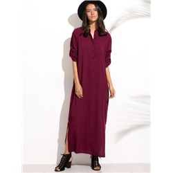Бордовое длинное платье-рубашка с разрезом