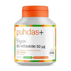 Витамины PUHDAS+ KASVIPERAINEN D3-VITAMIINI 50 MKG, 60 кап (Срок реализации до 26.04.2024 г)