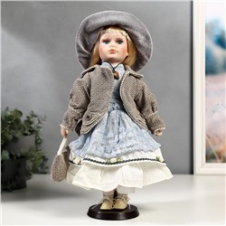 Кукла коллекционная керамика "Лиза в голубом кружевном платье и серой курточке" 40 см