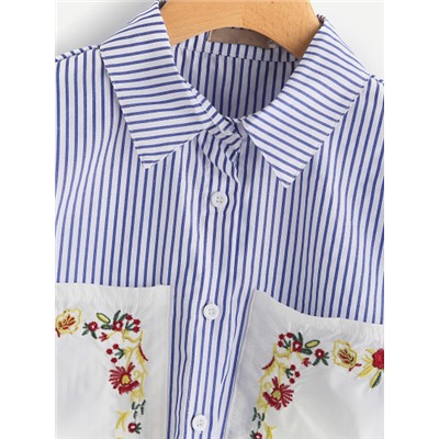 Модная асимметричная рубашка с вышивкой и карманами