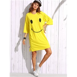 Жёлтое платье футболка с принтом Smiley Face