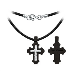 Колье с крестом из дерева граб на текстильном вощёном шнурке с элементом из родированного серебра - Распятие, 2,2 см
