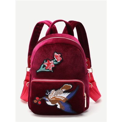 Каштановый бархатный рюкзак с вышивкой птицы