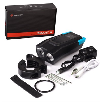 Фонарь передний  интеллектуальный COMIRON "SMART2" ABS; свет: 2xT6, 800lm; 2000 mAh, USB; ближний/дальний свет, сигнал 120Дб., 5 режимов синий /уп 50/
