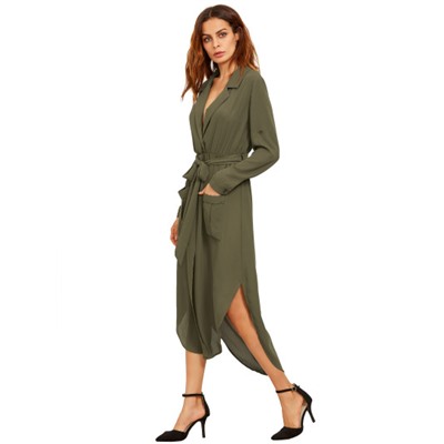 Зеленый отворотом Self-Tie High Low шифоновое платье с накладными карманами