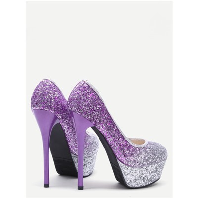 Серебристые и фиолетовые блестящие туфли на шпильках на платформе