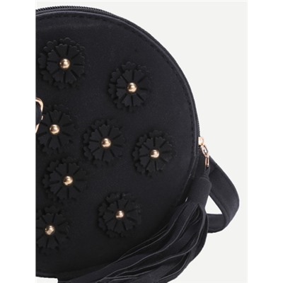 Модная круглая сумка с бахромой и цветками