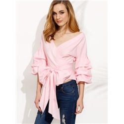 Розовая модная блуза с бантом. рукав клеш