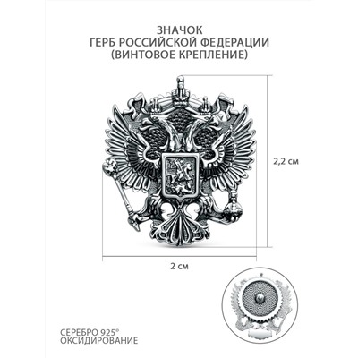 Значок из чернёного серебра (винтовая застёжка) - Герб Российской Федерации С-007ч