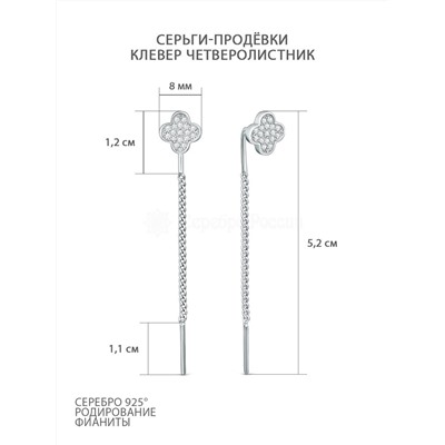 Серьги-продёвки клевер четверолистник из серебра с фианитами родированные 2-570р200