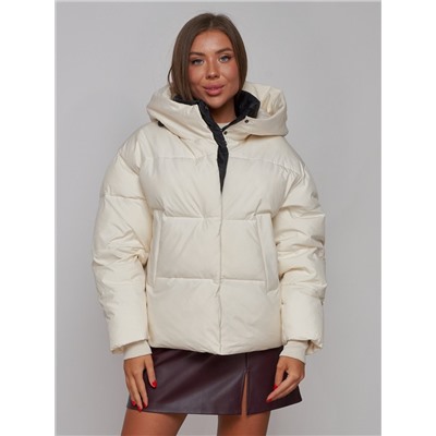 Зимняя женская куртка модная с капюшоном бежевого цвета 52309B