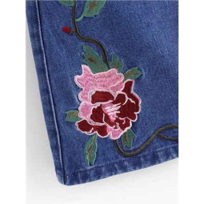 Модная джинсовая юбка на кнопках с цветочной вышивкой