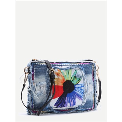 Синяя джинсовая сумка с разрезами и цветочным принтом