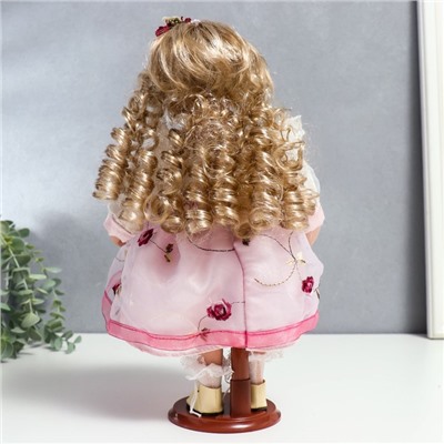 Кукла коллекционная керамика "Агата в бело-розовом платье и с цветами в волосах" 30 см
