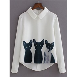 Белая асимметричная блуза с принтом кошки