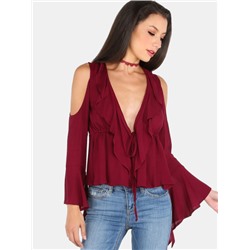 Бордовая блуза с открытыми плечами с глубоким вырезом