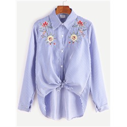 Синяя полосатая асимметричная рубашка с цветочной вышивкой