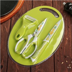Набор кухонный, 4 предмета: нож, ножницы с антиналипающим покрытием, овощечистка, доска, цвет зелёный